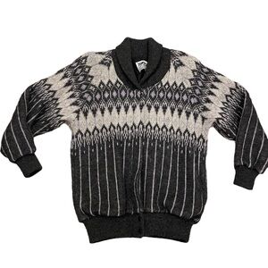 Tundra Scandinavian Wool Fair Isle Zip Up Heavy Down Sweater Jacket S Gray Vtg